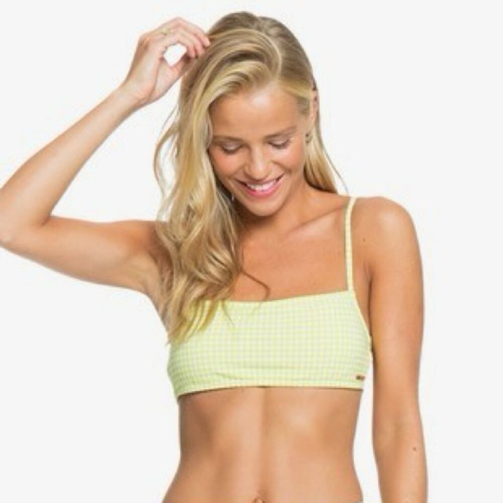 Roxy Beautiful Sun Bralette Bandeau Gingham Green White Bikini Top Swim NWT Sz L